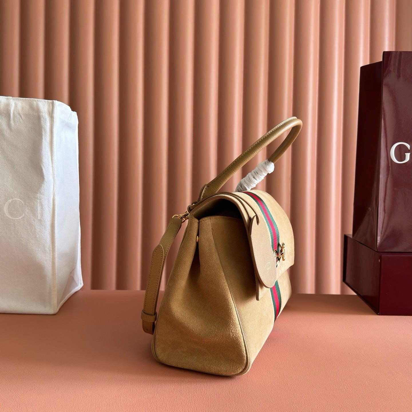 Gucci 2026 Paparazzo Shoulder Bag 30cm Beige Red Green Suede Leather