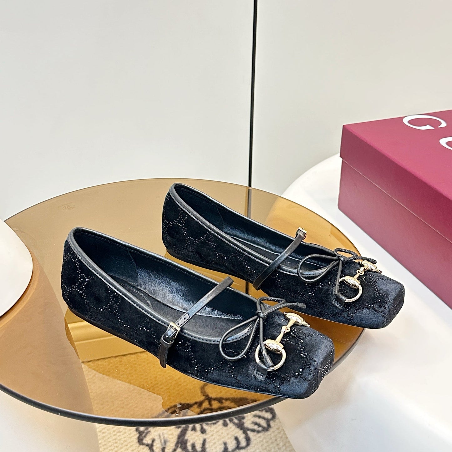 GG 26SS Ballet Flats Rhinestone Black Velvet Sheepskin 645700