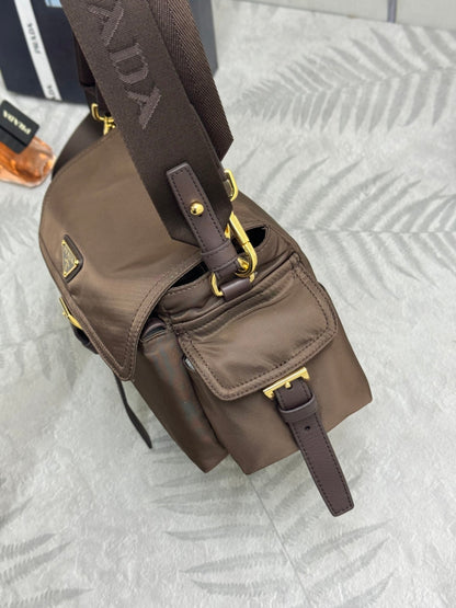 Prada 2026 Explore Shoulder Bag 30cm With Flap Sienna Re-Nylon