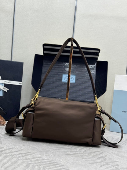 Prada 2026 Explore Shoulder Bag 30cm With Flap Sienna Re-Nylon