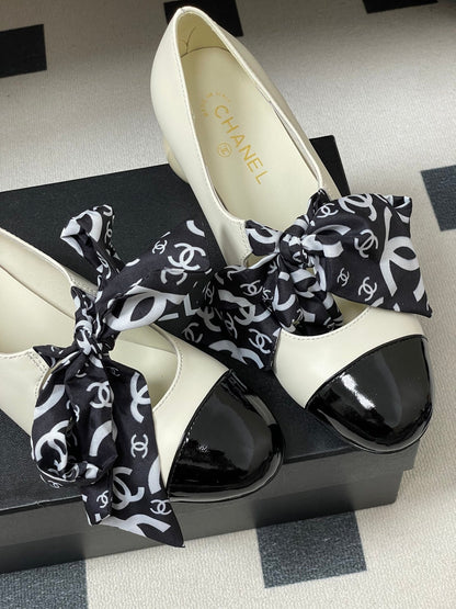CC 26 Double C Pearl Heel Pump With Silk Ribbon Sheepskin