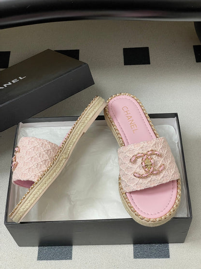 CC 26s Flat Slippers Pink Gold Fabric Sheepskin 649485