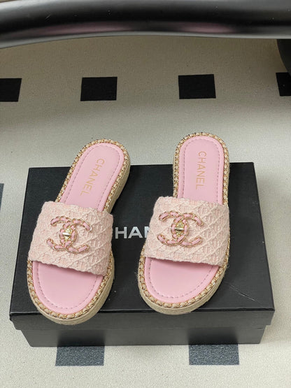 CC 26s Flat Slippers Pink Gold Fabric Sheepskin 649485