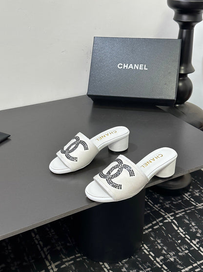 CC 2026 High Heel Slippers White Canvas Sheepskin 668153