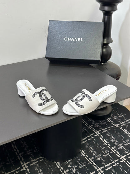 CC 2026 High Heel Slippers White Canvas Sheepskin 668153