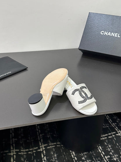 CC 2026 High Heel Slippers White Canvas Sheepskin 668153
