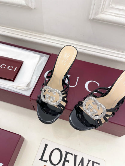 GG 26 High-Heeled Mules 85 Black Beige Patent Leather 587083